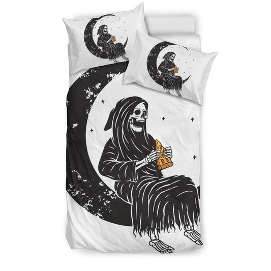 Skull Moon Grim Reaper Eating Pizza Funny Cartoon Bedding Set - Top Content | POD Collection | Free Shipping