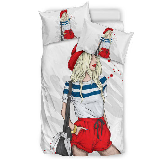 Stylish Red Summer Girl In Shorts Cartoon Bedding Set - Top Content | POD Collection | Free Shipping