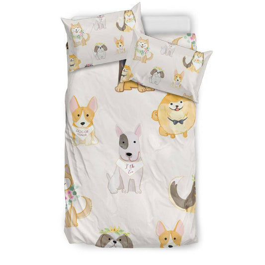 Adorable Dogs Wearing Wreathes Background Wedding Gift Cartoon Bedding Set - Top Content | POD Collection | Free Shipping