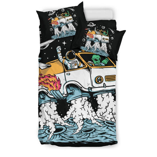 Alien With Astronaut Driving Space Car Cartoon Bedding Set - Top Content | POD Collection | Free Shipping