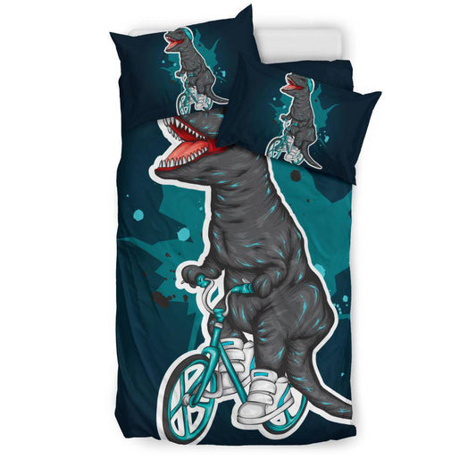 Cartoon Cool Dinosaur Riding A Bike Bedding Set - Top Content | POD Collection | Free Shipping