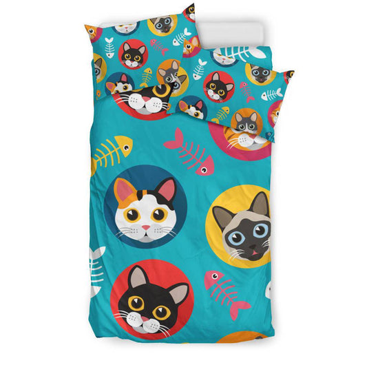 Colourful Cat Fishbone Cool Cartoon Background Bedding Set - Top Content | POD Collection | Free Shipping