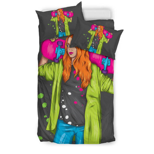 Colourful Girl With Skateboard Cartoon Bedding Set - Top Content | POD Collection | Free Shipping