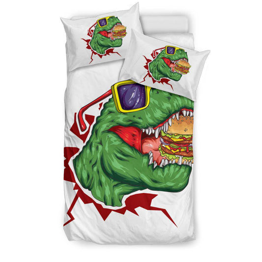 Cool Dinosaur With Glasses Eating Burger Cartoon Bedding Set - Top Content | POD Collection | Free Shipping