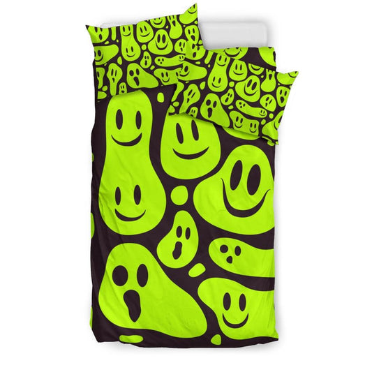 Cool Distorted Smile Emoticon Green Background Bedding Set - Top Content | POD Collection | Free Shipping