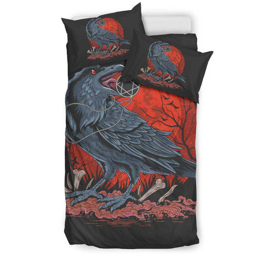 Crow Bird Red Moon Illustration Cartoon Bedding Set - Top Content | POD Collection | Free Shipping