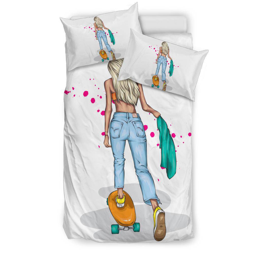 Cute Blonde Girl On Skateboard Cartoon Illustration Bedding Set - Top Content | POD Collection | Free Shipping