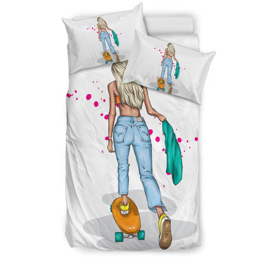 Cute Blonde Girl On Skateboard Cartoon Illustration Bedding Set - Top Content | POD Collection | Free Shipping