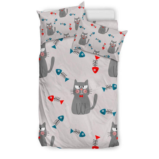 Cute Cat Fishbone Seamless Background Illustration Bedding Set - Top Content | POD Collection | Free Shipping