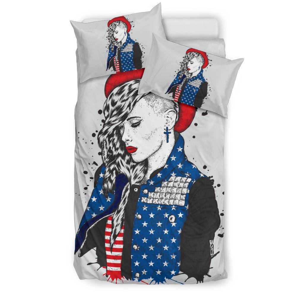 Beautiful Girl Hand Drawing USA Flag Bedding Set - Top Content | POD Collection | Free Shipping