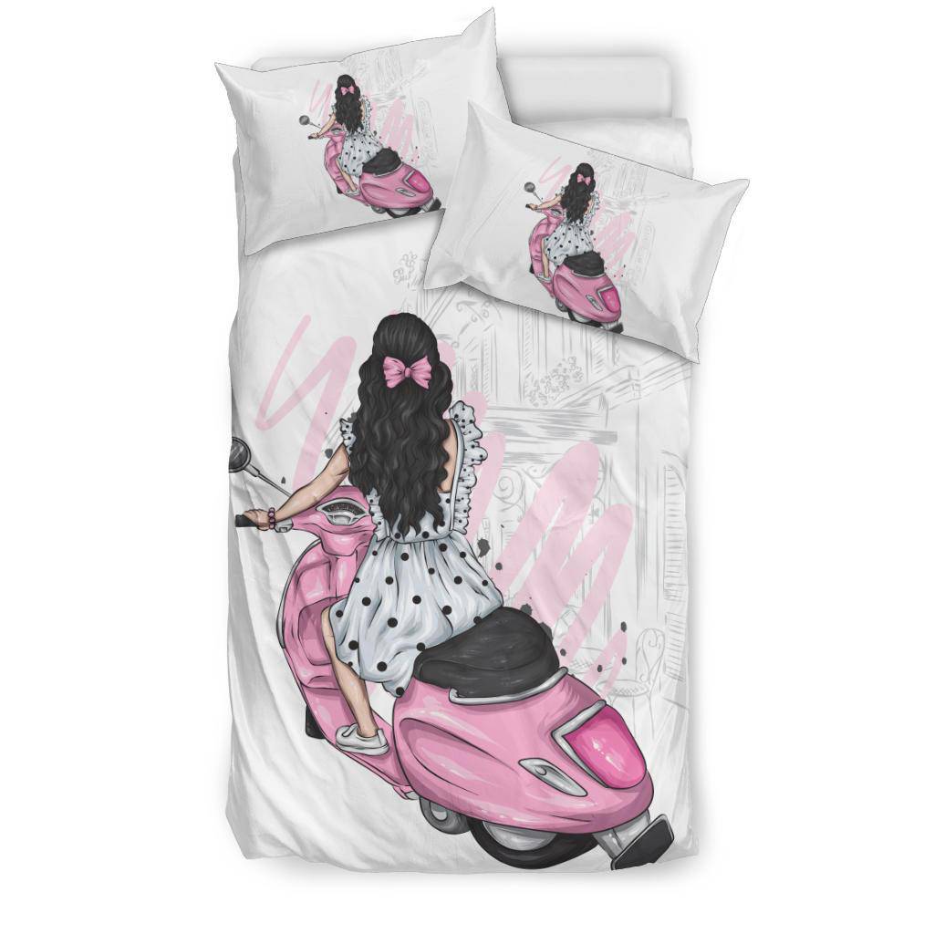 Beautiful Stylish Girl with Vintage Dress and Scooter Bedding Set - Top Content | POD Collection | Free Shipping