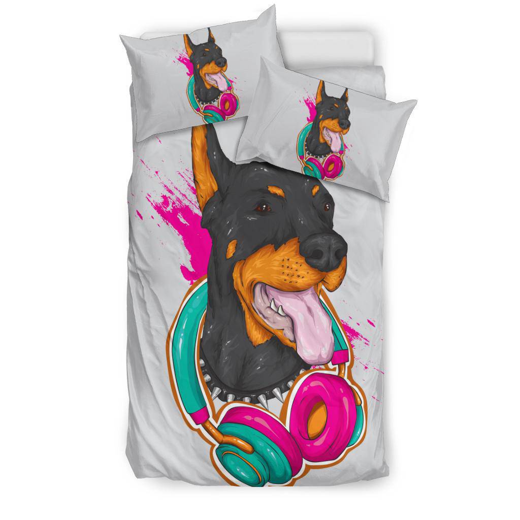 Doberman Cartoon Premium Blanket Cool Dog Wearing Headphones Bedding Set - Top Content | POD Collection | Free Shipping