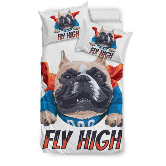 French Bulldog Super Dog In Cape Fly High Cartoon Illustration Bedding Set - Top Content | POD Collection | Free Shipping