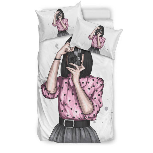 Girl Vintage Camera Photography Illustration Bedding Set - Top Content | POD Collection | Free Shipping