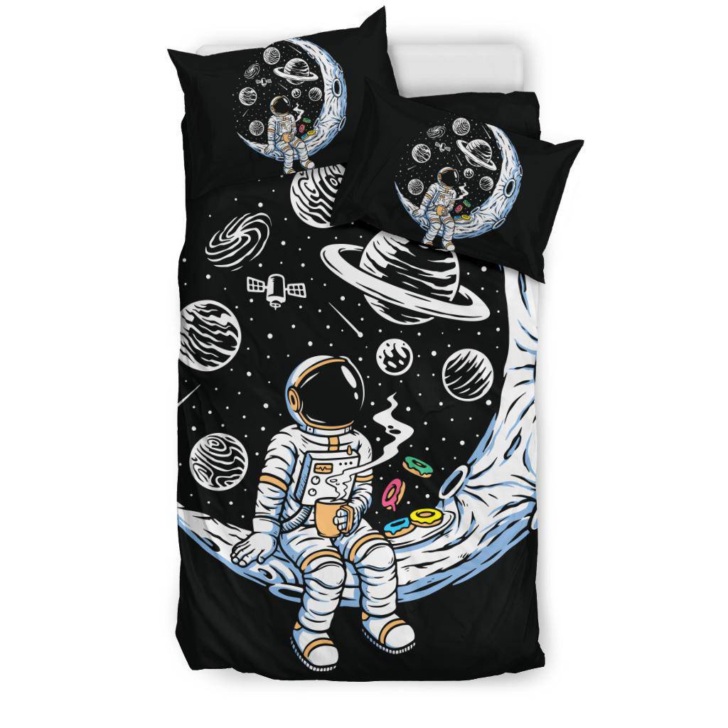 Moon Astronaut Drinking Coffee And Eating Doughnuts Bedding Set - Top Content | POD Collection | Free Shipping