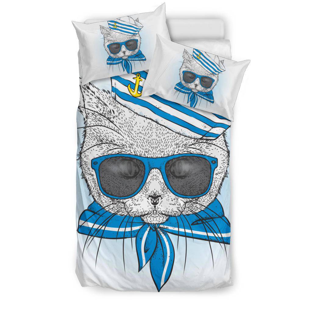 Sea Sailor Blue Suit Cat Portrait Illustration Bedding Set - Top Content | POD Collection | Free Shipping