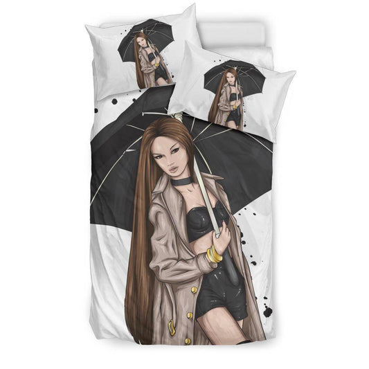 Stylish Brown Girl With Umbrella Cartoon Bedding Set - Top Content | POD Collection | Free Shipping