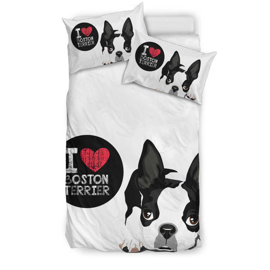 Cute Dog Cartoon Illustration, I Love Boston Terrier Bedding Set - Top Content | POD Collection | Free Shipping