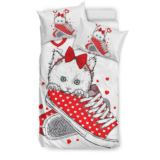 Cute Valentine Kitten In A Sneaker, Cartoon Drawing Bedding Set - Top Content | POD Collection | Free Shipping