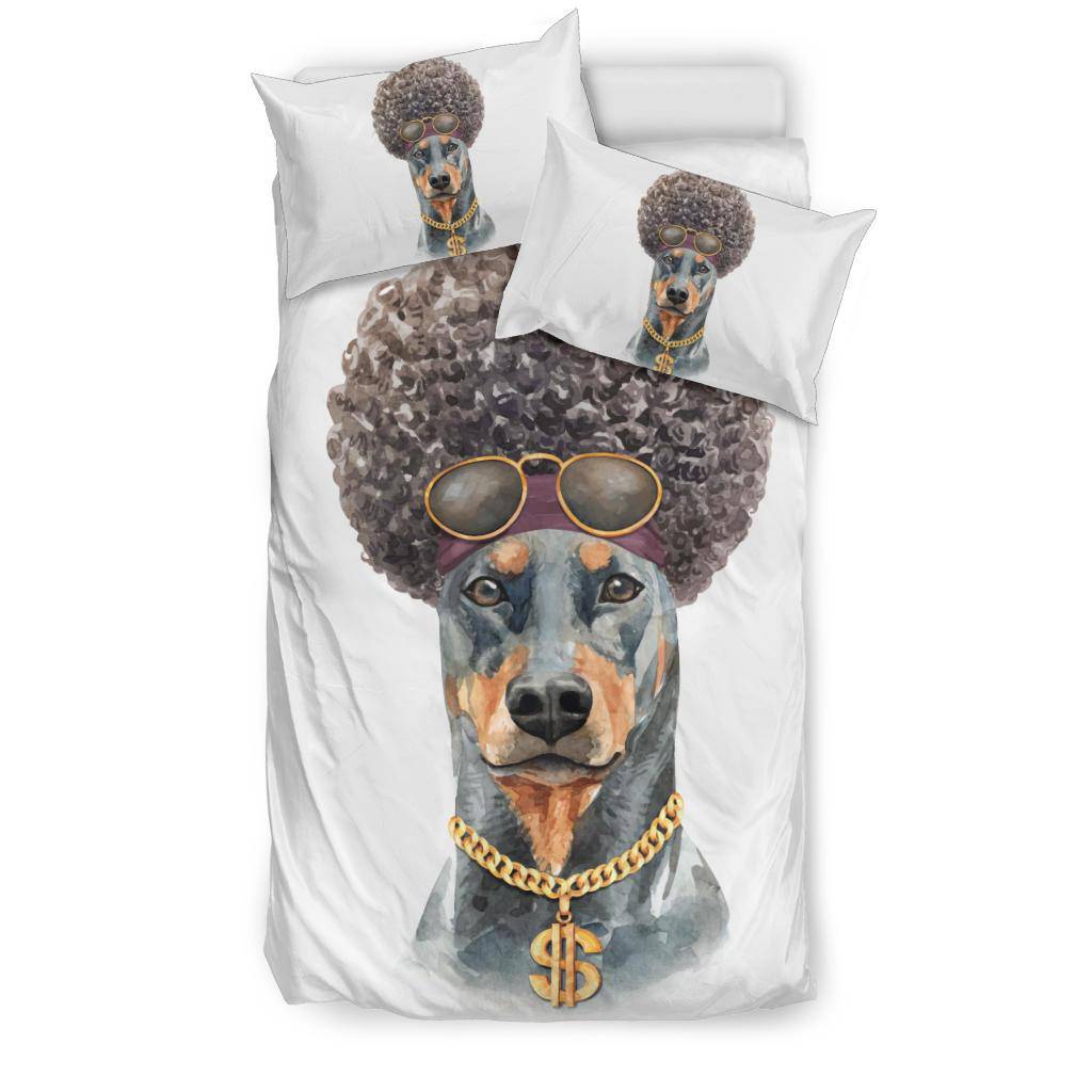 Funny Afro Doberman Bedding Set, Watercolor Dog Portrait Drawing - Top Content | POD Collection | Free Shipping