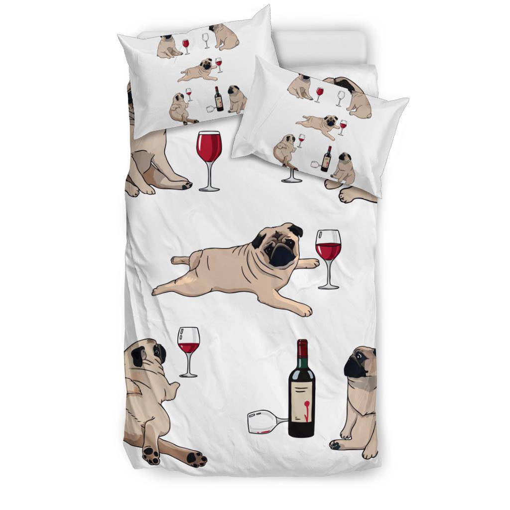 Funny Pug Posing With Bottle of Wine Cartoon Style Bedding Set - Top Content | POD Collection | Free Shipping