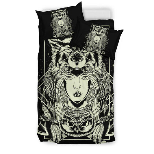 Hand Drawing Chief Women Wolf Head Illustration Bedding Set - Top Content | POD Collection | Free Shipping