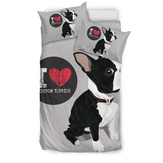 I Love Boston Terrier, Dog Cartoon Illustration Bedding Set - Top Content | POD Collection | Free Shipping