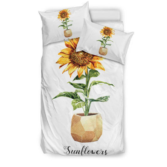 Sunflower Flower Pot Bedding Set, Watercolour Drawing Illustration - Top Content | POD Collection | Free Shipping