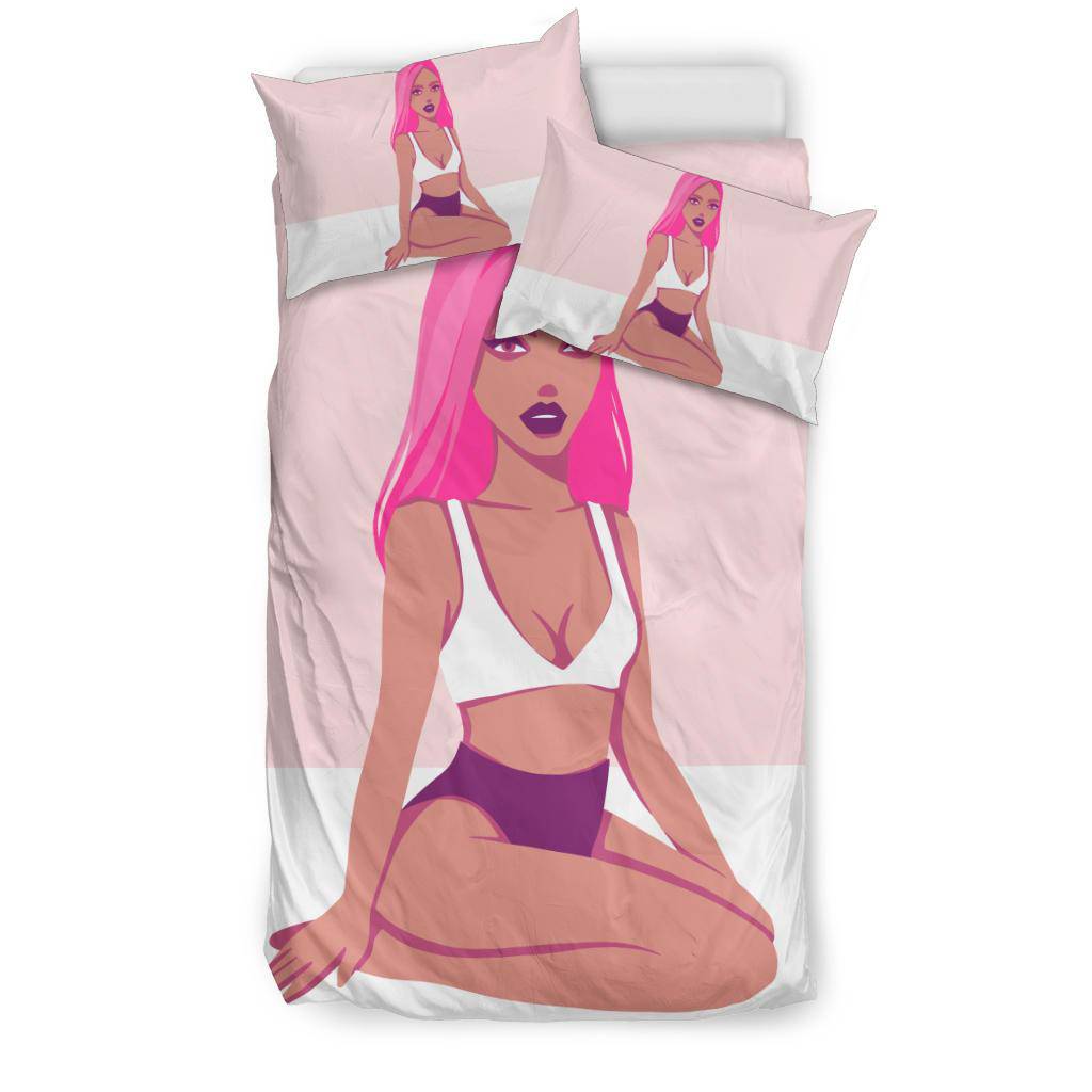 Beautiful Red Girl Cartoon Bedding Set, Summer Illustration Drawing - Top Content | POD Collection | Free Shipping