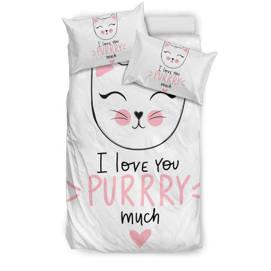 Cute Cat Drawing Illustration Quote Bedding Set, I Love You Purry Much - Top Content | POD Collection | Free Shipping