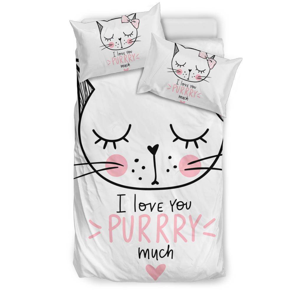 Cute Pink Cat Cartoon Drawing Bedding Set, I Love You Purrry Much - Top Content | POD Collection | Free Shipping