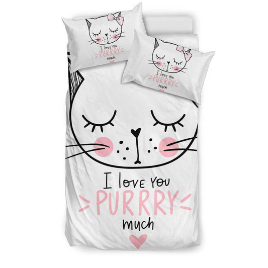 Cute Pink Cat Cartoon Drawing Bedding Set, I Love You Purrry Much - Top Content | POD Collection | Free Shipping