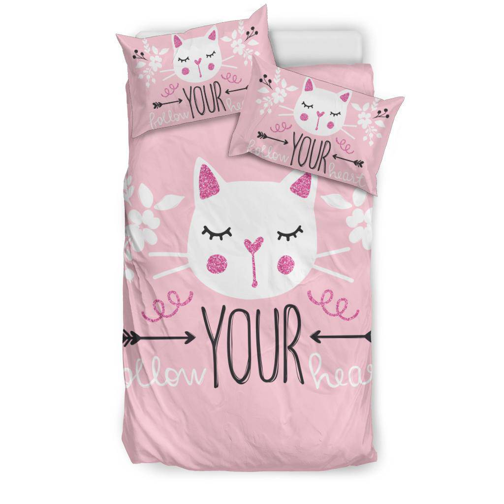 Girly Cute Cat Vector Illustration Bedding Set, Follow Your Heart - Top Content | POD Collection | Free Shipping