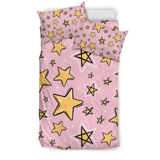 Hand Drawn Yellow Stars, Pink Seamless Pattern Bedding Set - Top Content | POD Collection | Free Shipping