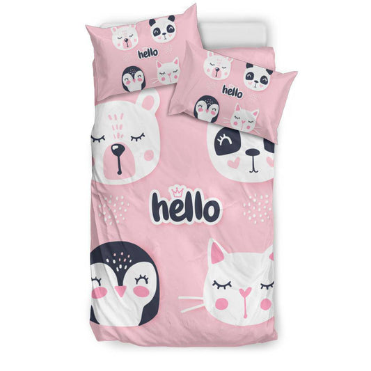 Hello Cute Bear Penguin Cat Bunny, Animal Cartoon Bedding Set - Top Content | POD Collection | Free Shipping