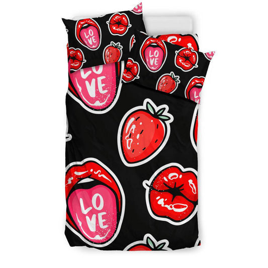 Red Lips Strawberry Kiss Love Seamless Pattern Bedding Set - Top Content | POD Collection | Free Shipping