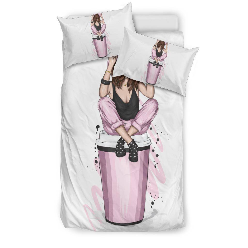 Girl with Stylish Pink Clothes and a Cup of Coffee Bedding Set - Top Content | POD Collection | Free Shipping