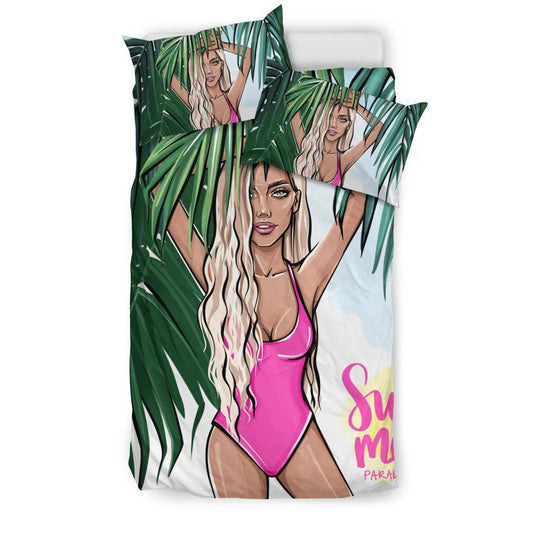 Summer Blonde Girl Bedding Set, Beach Vibes, Palm Leaves Cartoon - Top Content | POD Collection | Free Shipping