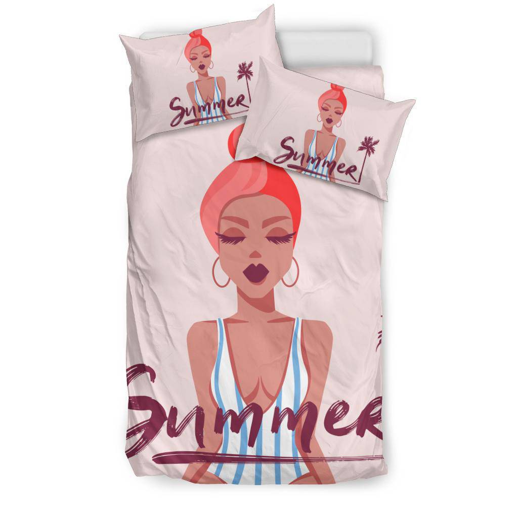 Summer Girl Bedding Set, Beautiful Cartoon Drawing - Top Content | POD Collection | Free Shipping