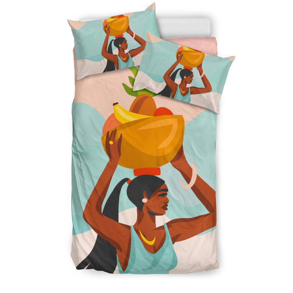 Young Female Carries Basket with Fruits on her Head, Hand Drawn Bedding Set - Top Content | POD Collection | Free Shipping