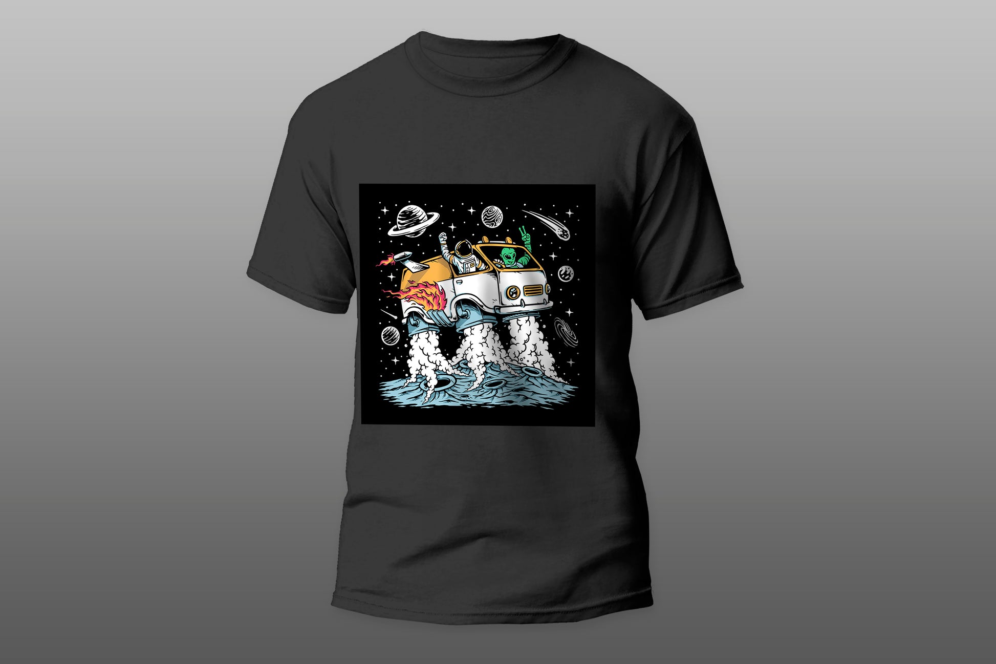 Astronaut and alien drive space car illustration camiseta T-shirt - Top Content | POD Collection | Free Shipping