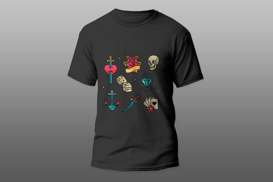 Collection of hand drawn retro tattoos camiseta T-shirt - Top Content | POD Collection | Free Shipping