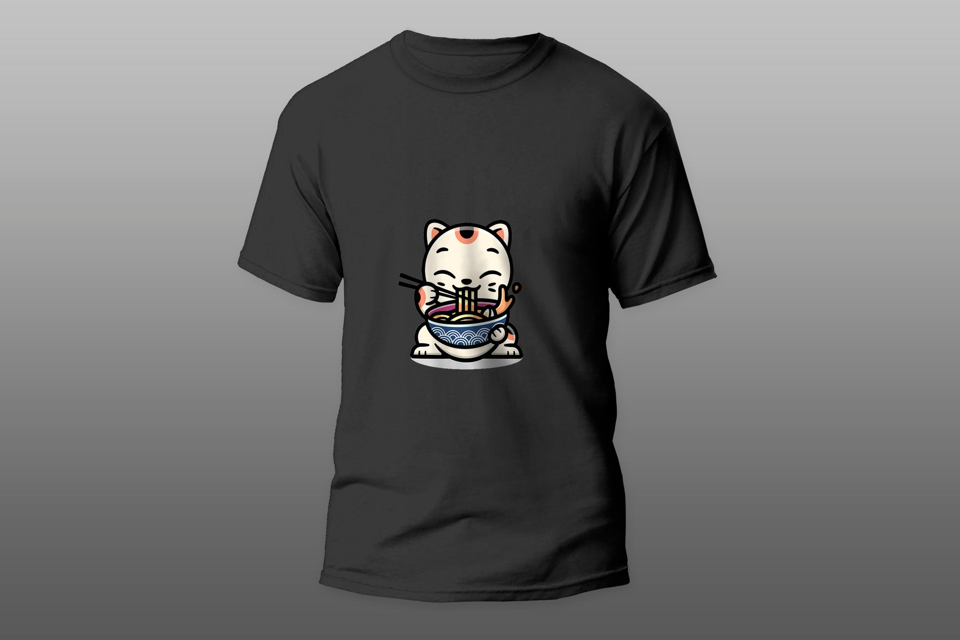 Cute lucky cat eating a bowl of ramen cartoon camiseta t-shirt - Top Content | POD Collection | Free Shipping