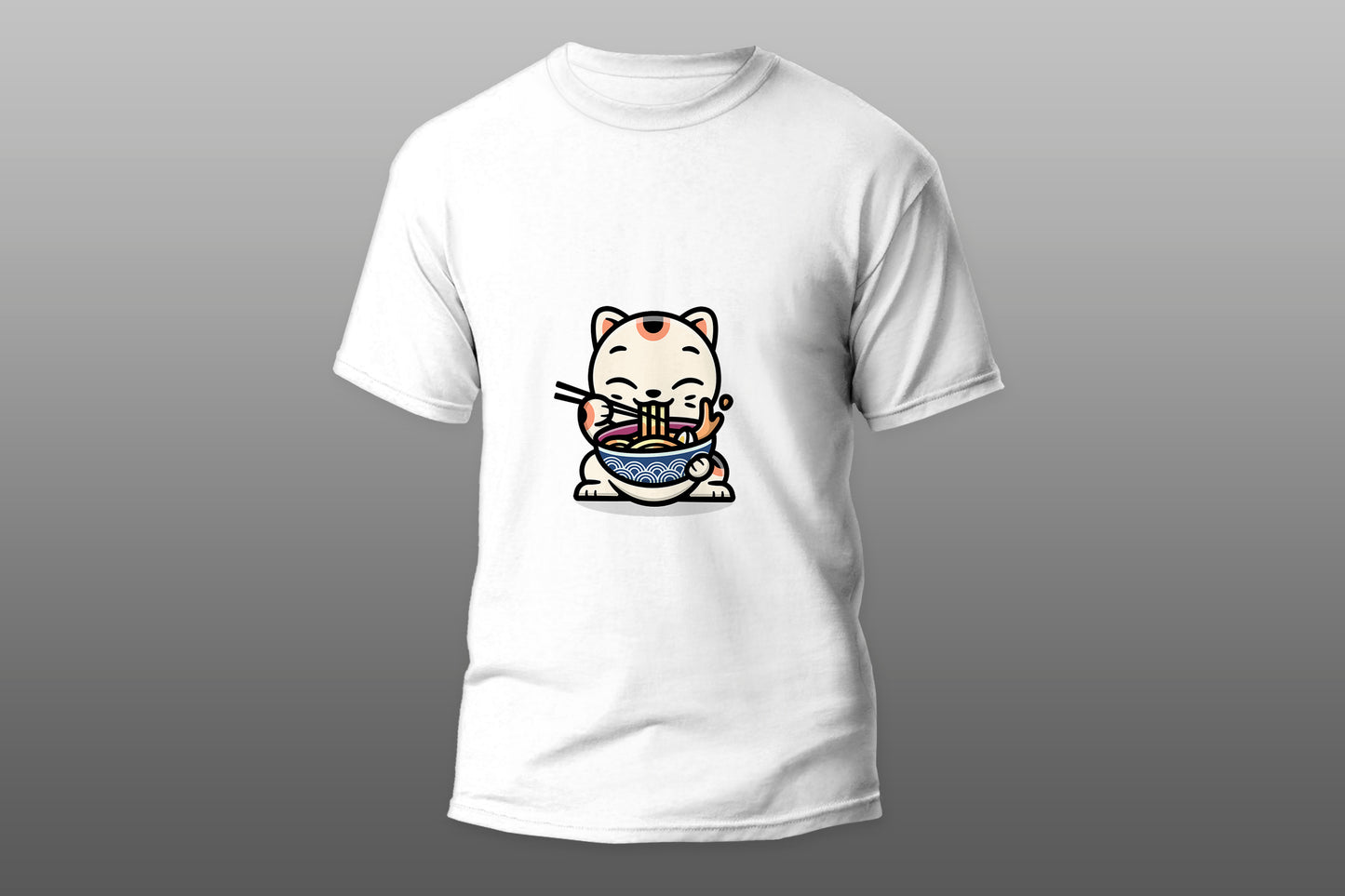 Cute lucky cat eating a bowl of ramen cartoon camiseta t-shirt - Top Content | POD Collection | Free Shipping