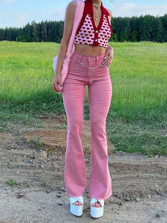 Y2k Flared Women's Jeans,  High Waist Pants, 90S Fashion, Pink Stretch Baggy Jeans, Wide Leg Pants, Elegant Denim Trousers, Streetwear Clothing