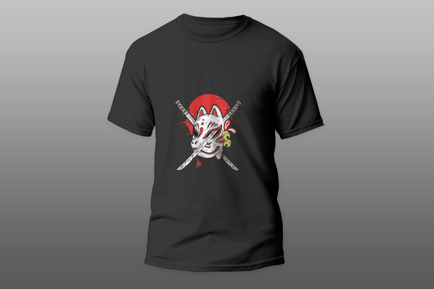 Japanese kitsune mask and katana two swords illustration camiseta T-shirt - Top Content | POD Collection | Free Shipping