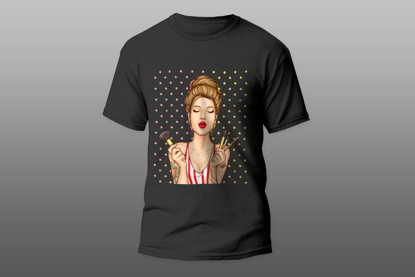 Makeup cosmetics ad illustration with fashion woman portrait  camiseta T-shirt - Top Content | POD Collection | Free Shipping