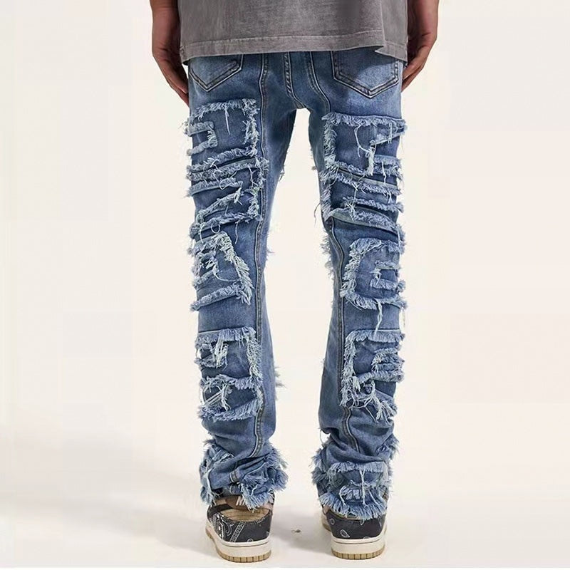 Retro Hole Ripped Distressed Jeans for Men, Straight Washed Hip Hop Loose Denim Trousers, Casual Jean Pants