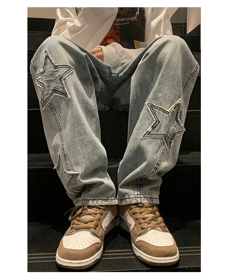 Star Embroidery Straight Casual Men Jeans, Gothic Neutral New Wide Leg Jeans, Loose Hip-hop Fashion Pants, Youth Streetwear Denim Trousers, Y2K Jeans