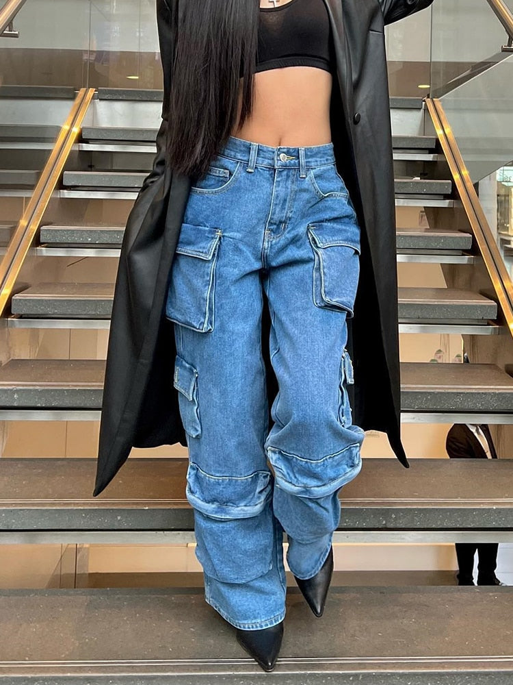 Blue High Waist Baggy Jeans, Flap Pocket Jeans, Relaxed Fit Straight Wide Leg Y2K Pants, Fashion Cargo Jeans, Casual Slim Loose Trousers